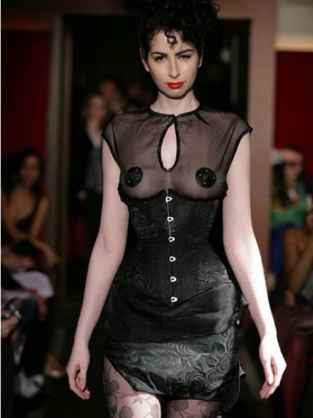Garo Sparo Atelier black rose brocade custom 18” underbust corset and mini skirt